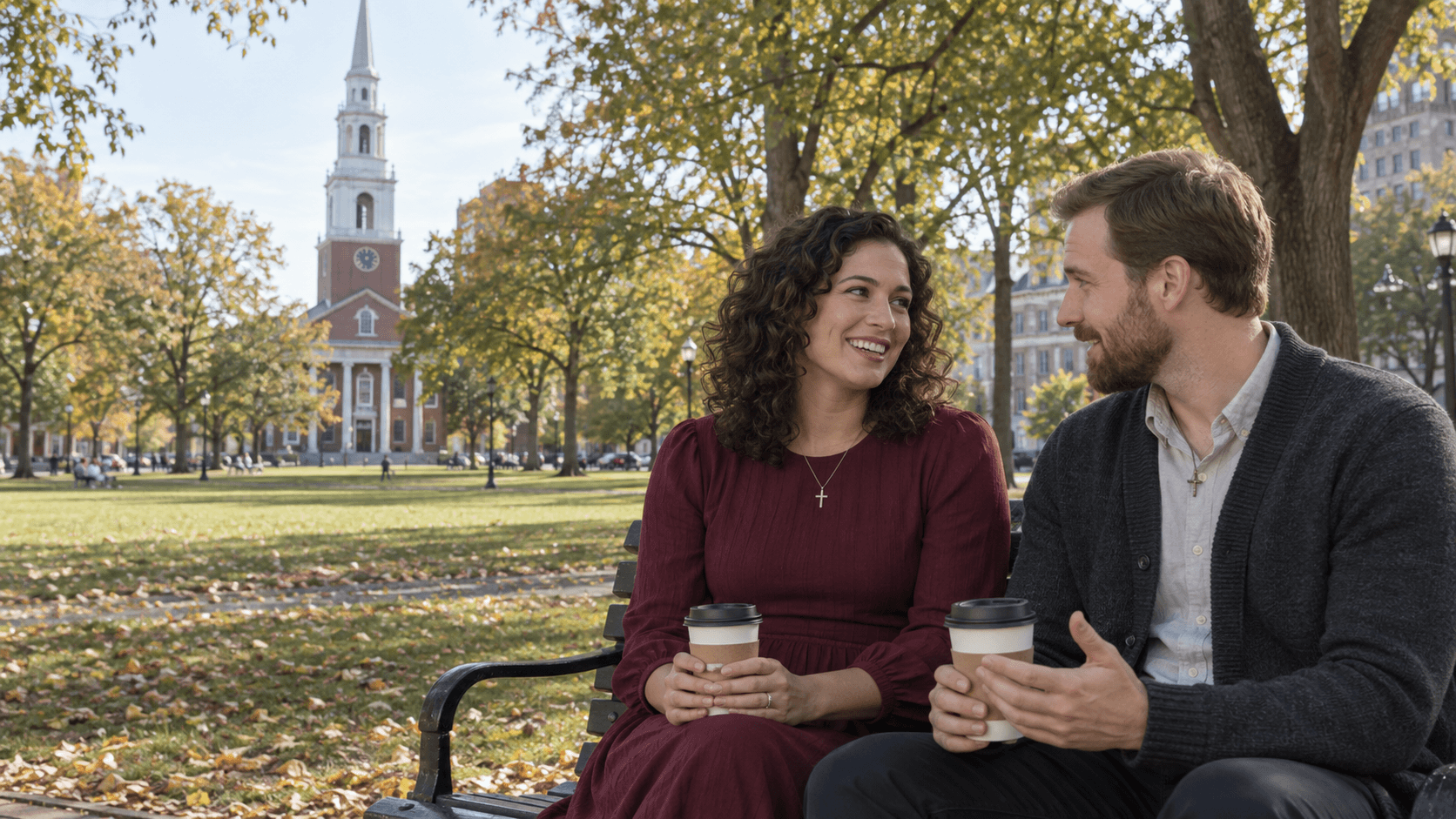 Couple with cross necklaces sharing coffee on a bench beside a New Haven Green-inspired lawn and historic church.