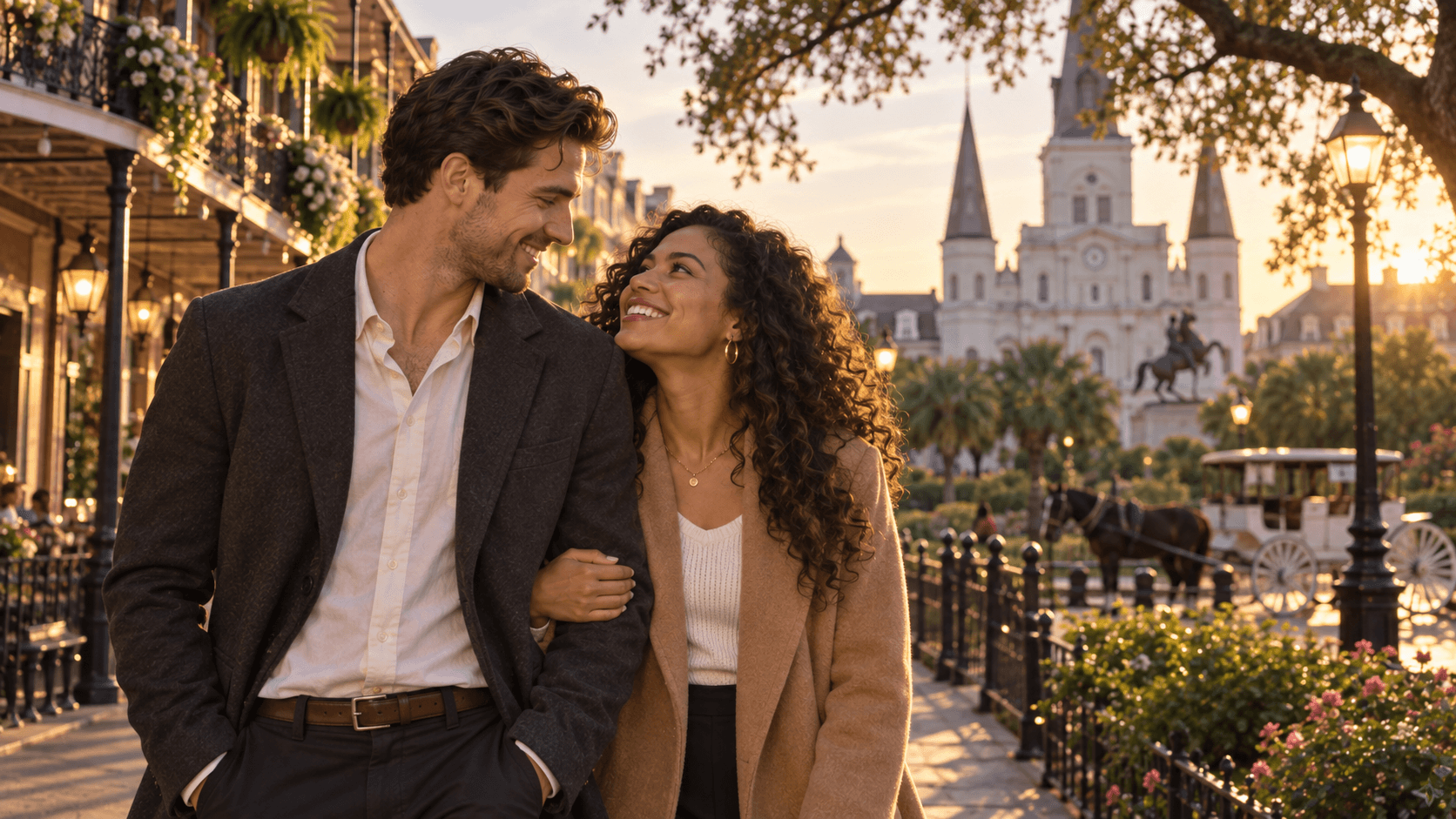Couple wearing cross necklaces beneath live oaks in a New Orleans City Park-inspired scene.