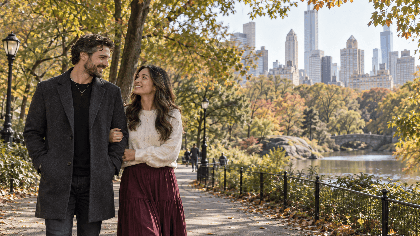 Christian couple on a tree-lined Central Park path in New York City.