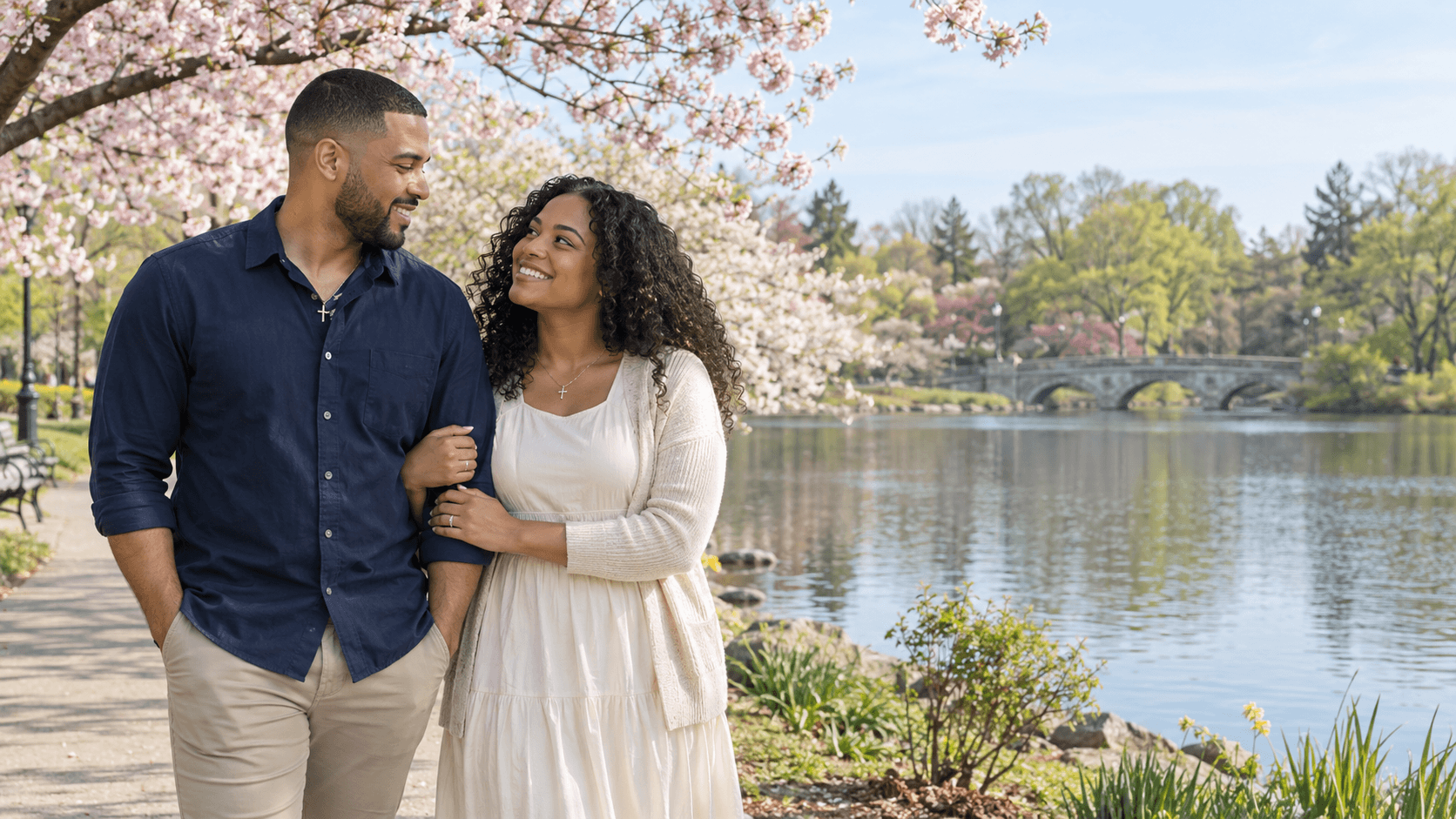Couple wearing cross necklaces beside a lake and cherry trees in a Branch Brook Park-inspired scene.