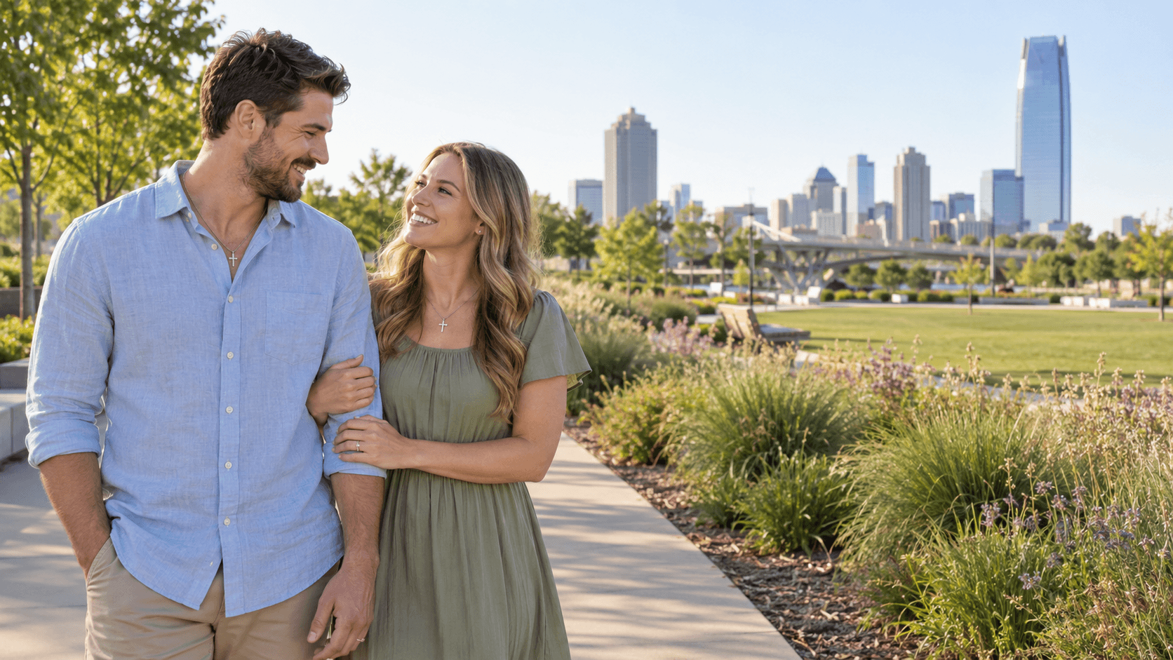 Couple in modest clothing in Scissortail Park with downtown Oklahoma City behind them.