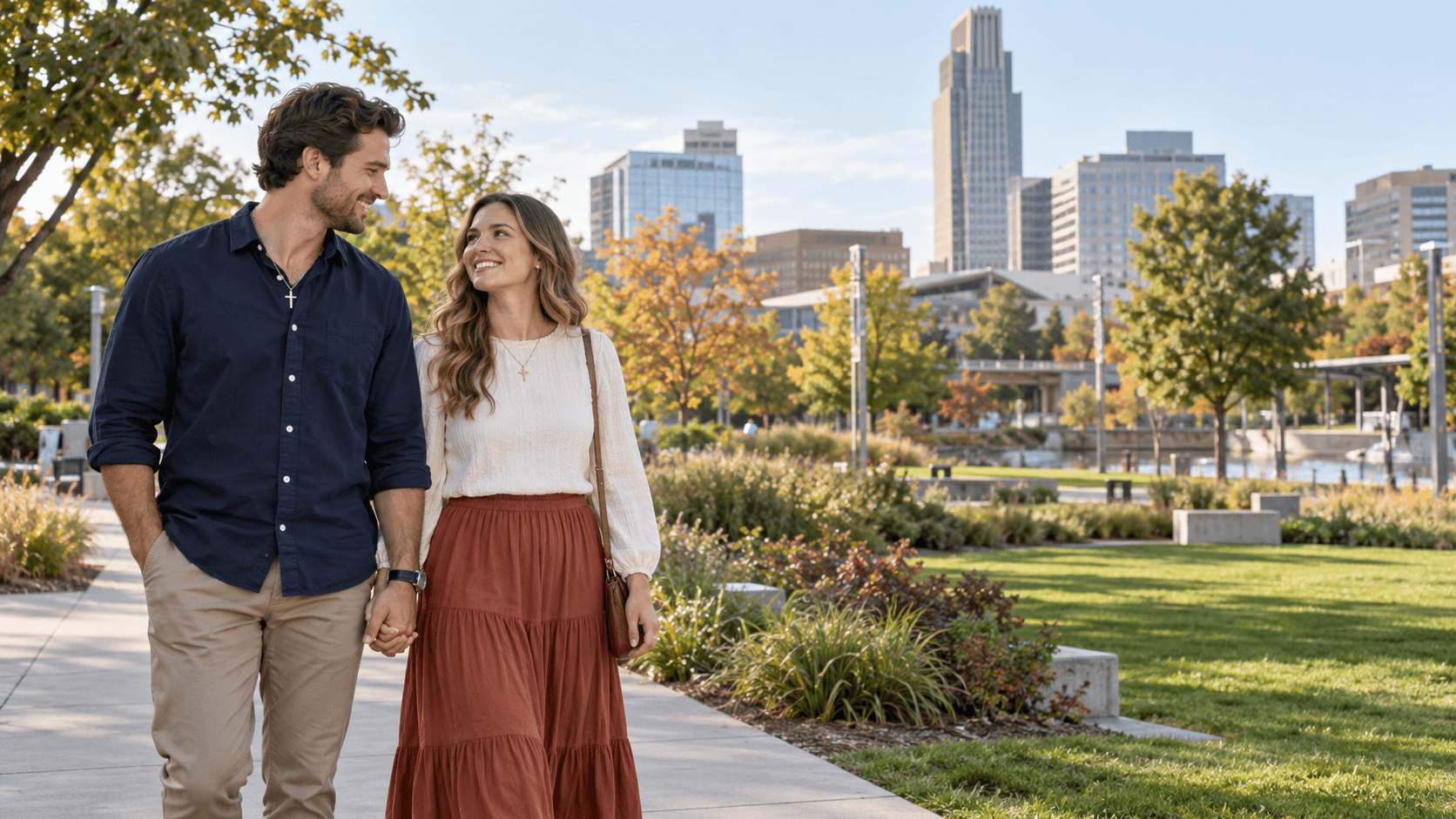 Couple wearing cross necklaces in a landscaped downtown Omaha park.