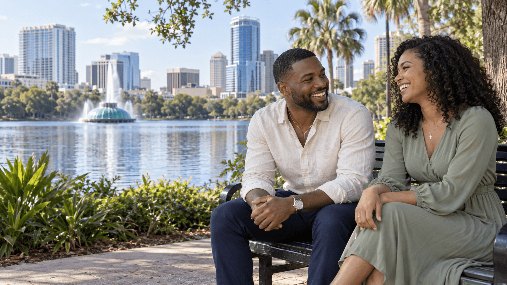 Couple wearing cross necklaces seated beside Lake Eola with its fountain and downtown Orlando buildings behind them.