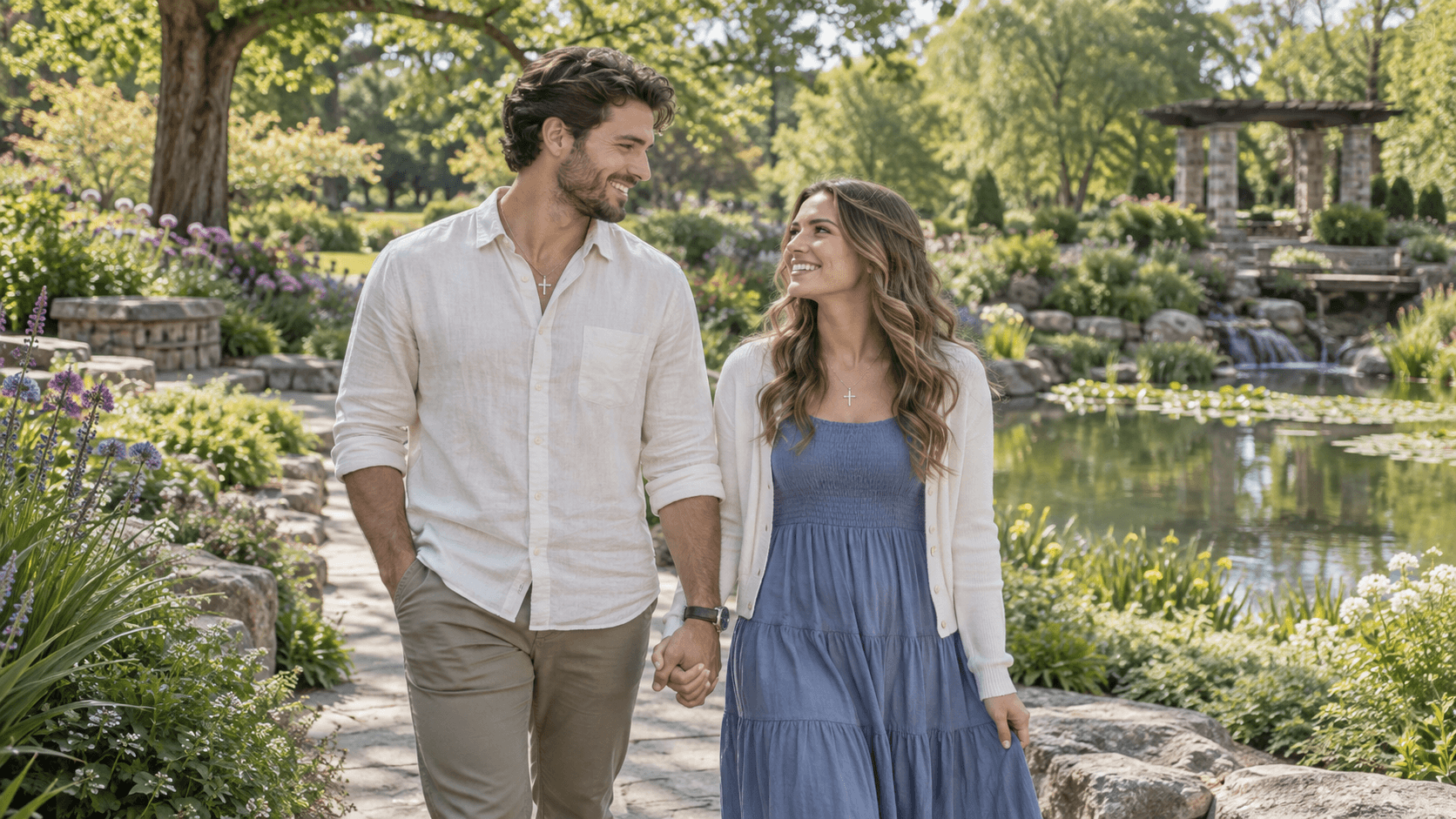 Couple wearing cross necklaces in a garden setting inspired by Overland Park, Kansas.