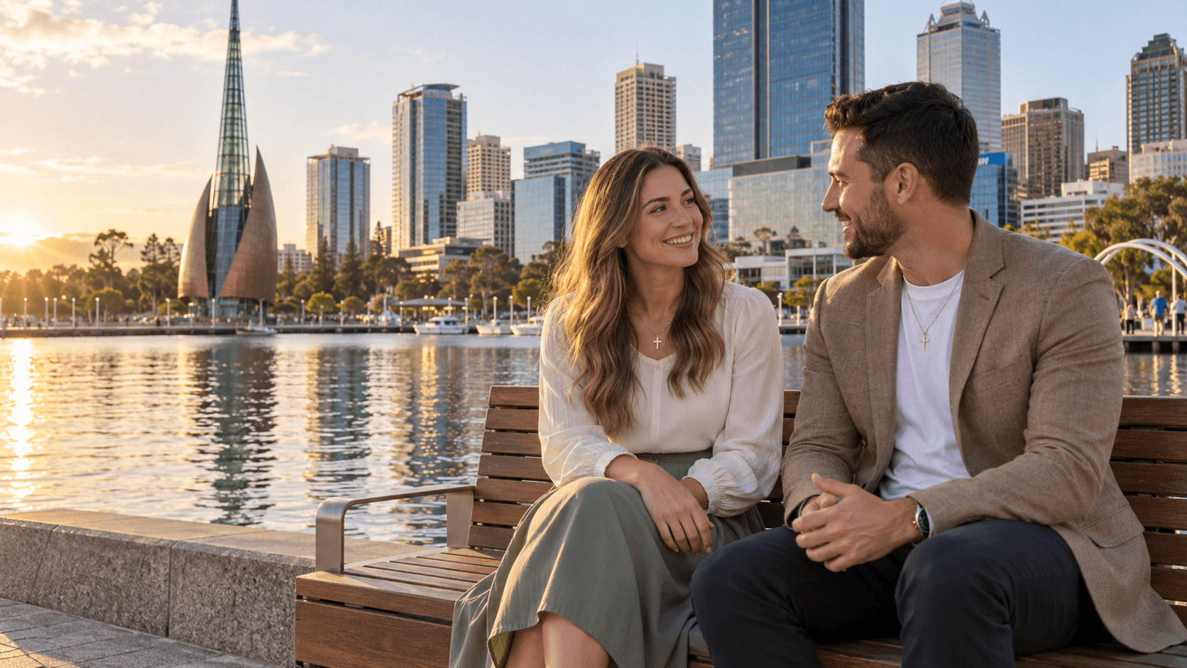 Couple wearing cross necklaces at Elizabeth Quay in Perth with the Bell Tower in the background.