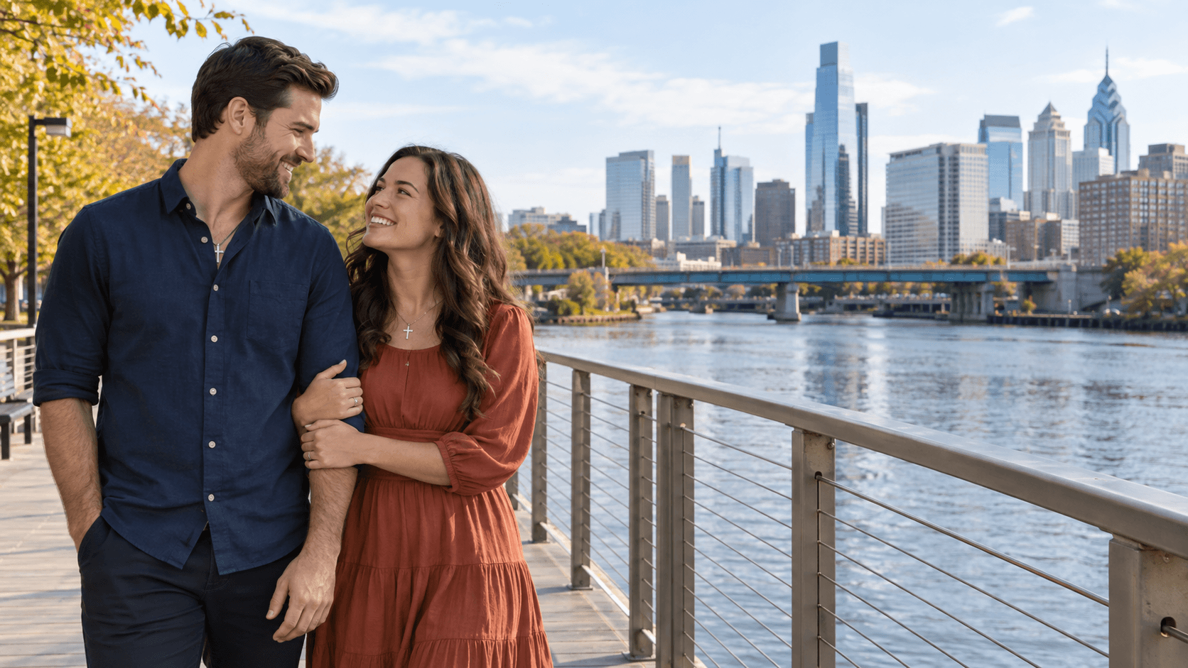 Christian couple on the Schuylkill Banks Boardwalk with Philadelphia buildings behind them.