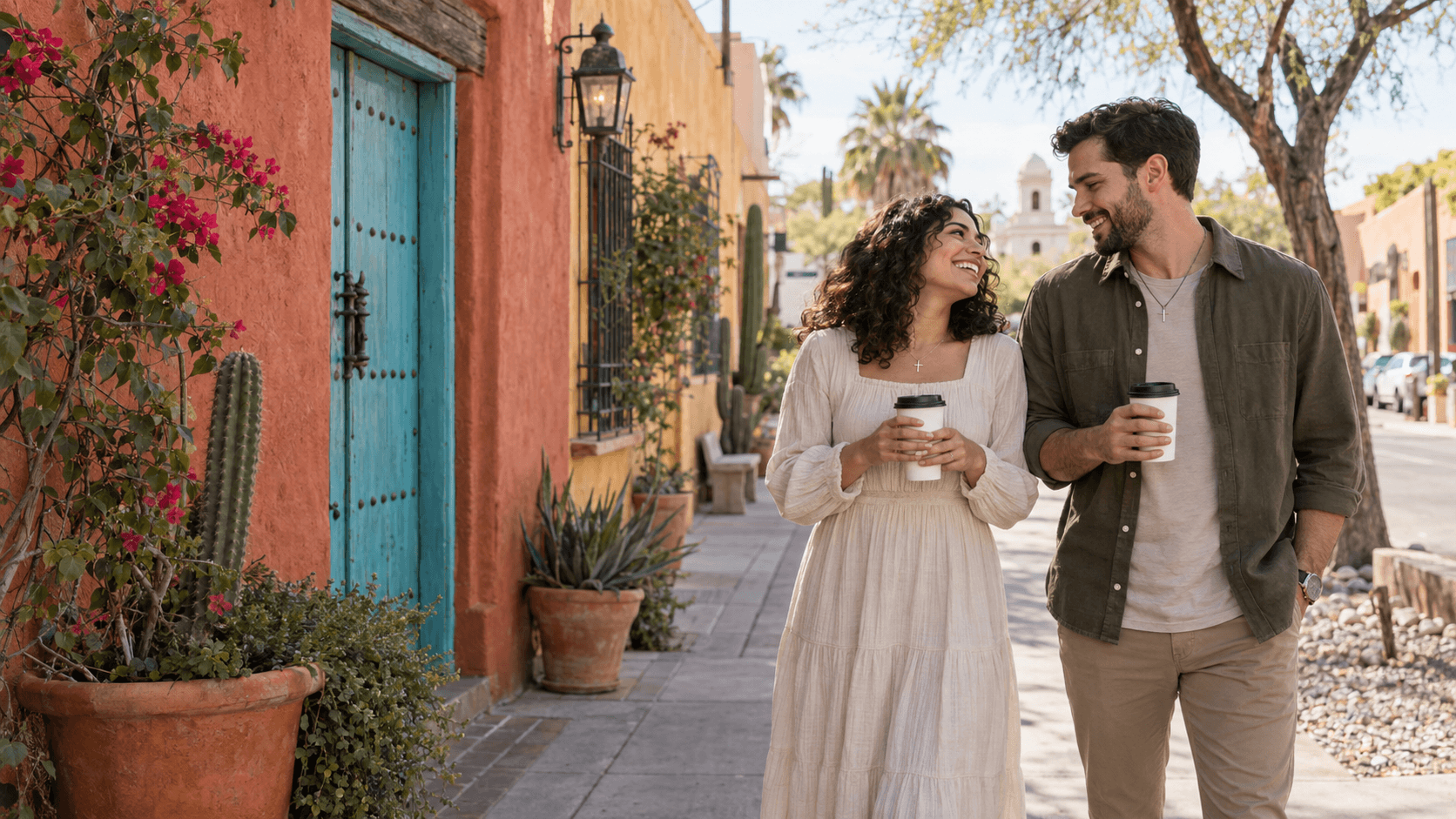 Couple wearing cross necklaces walking beside desert plants and sandstone buttes in a Phoenix-inspired landscape.