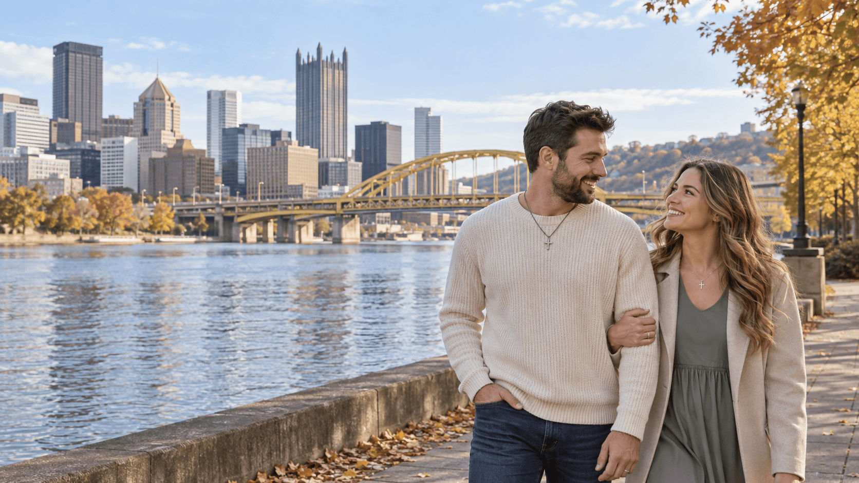 Couple wearing cross necklaces in a Point State Park-inspired riverside setting in Pittsburgh.