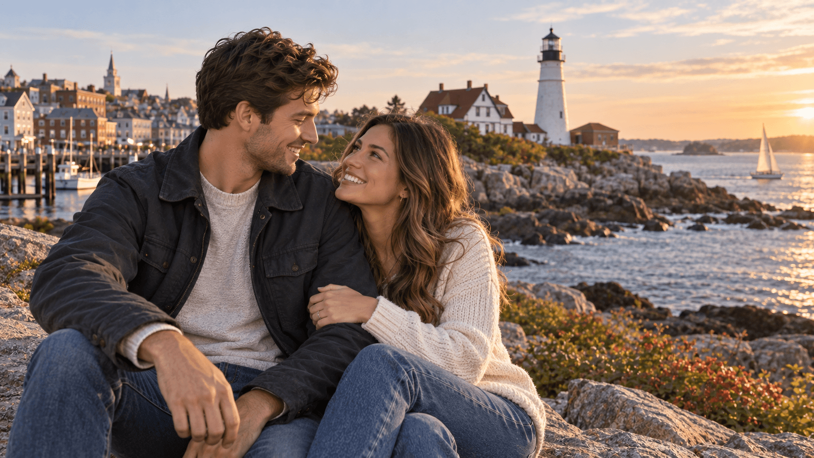 Couple wearing cross necklaces beside a Portland, Maine-inspired working waterfront.