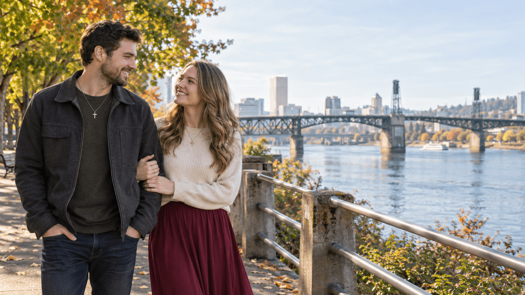 Christian couple beside the Willamette River in Portland, Oregon.