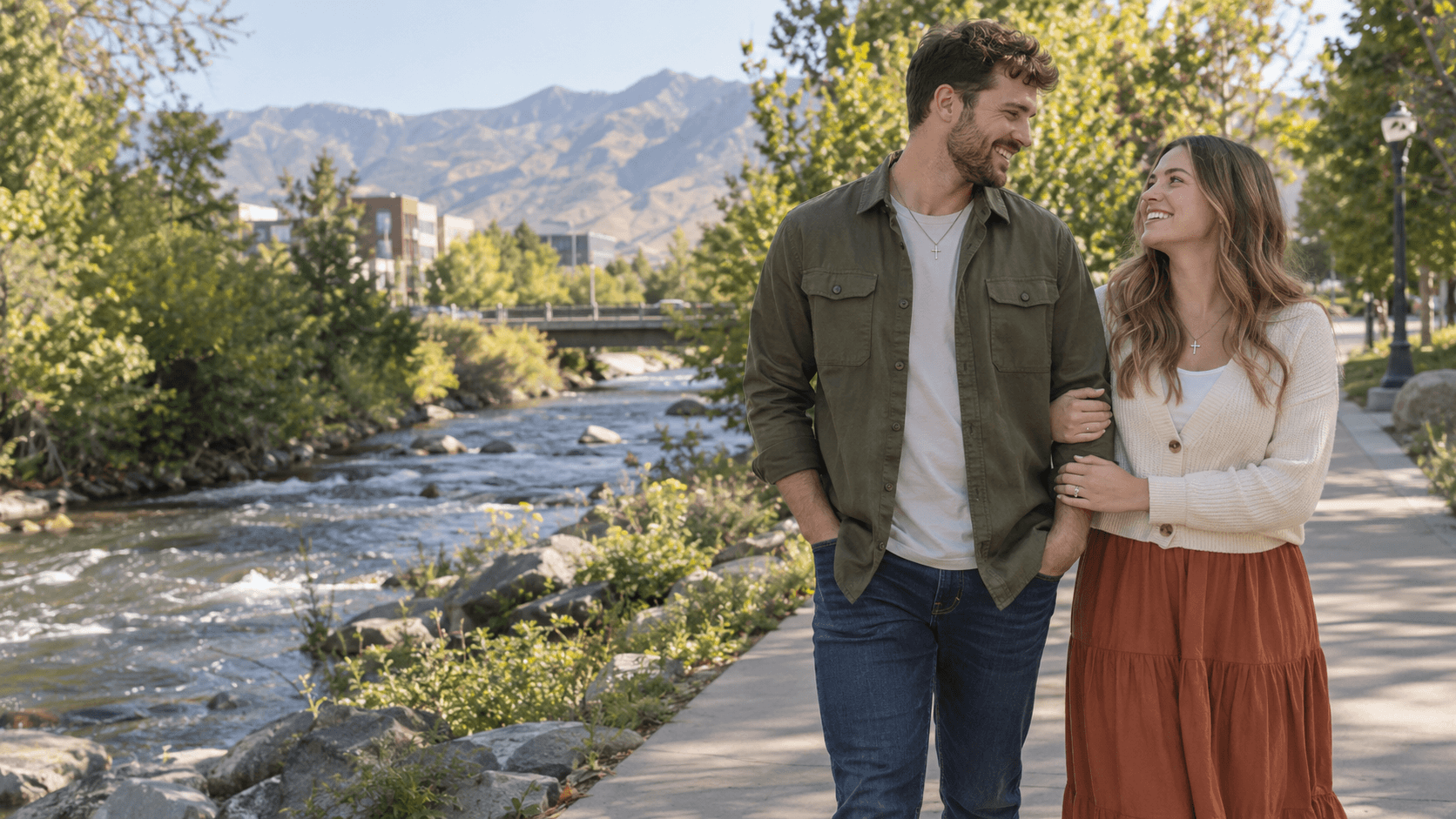 Couple wearing cross necklaces beside a leafy urban section of the Provo River.