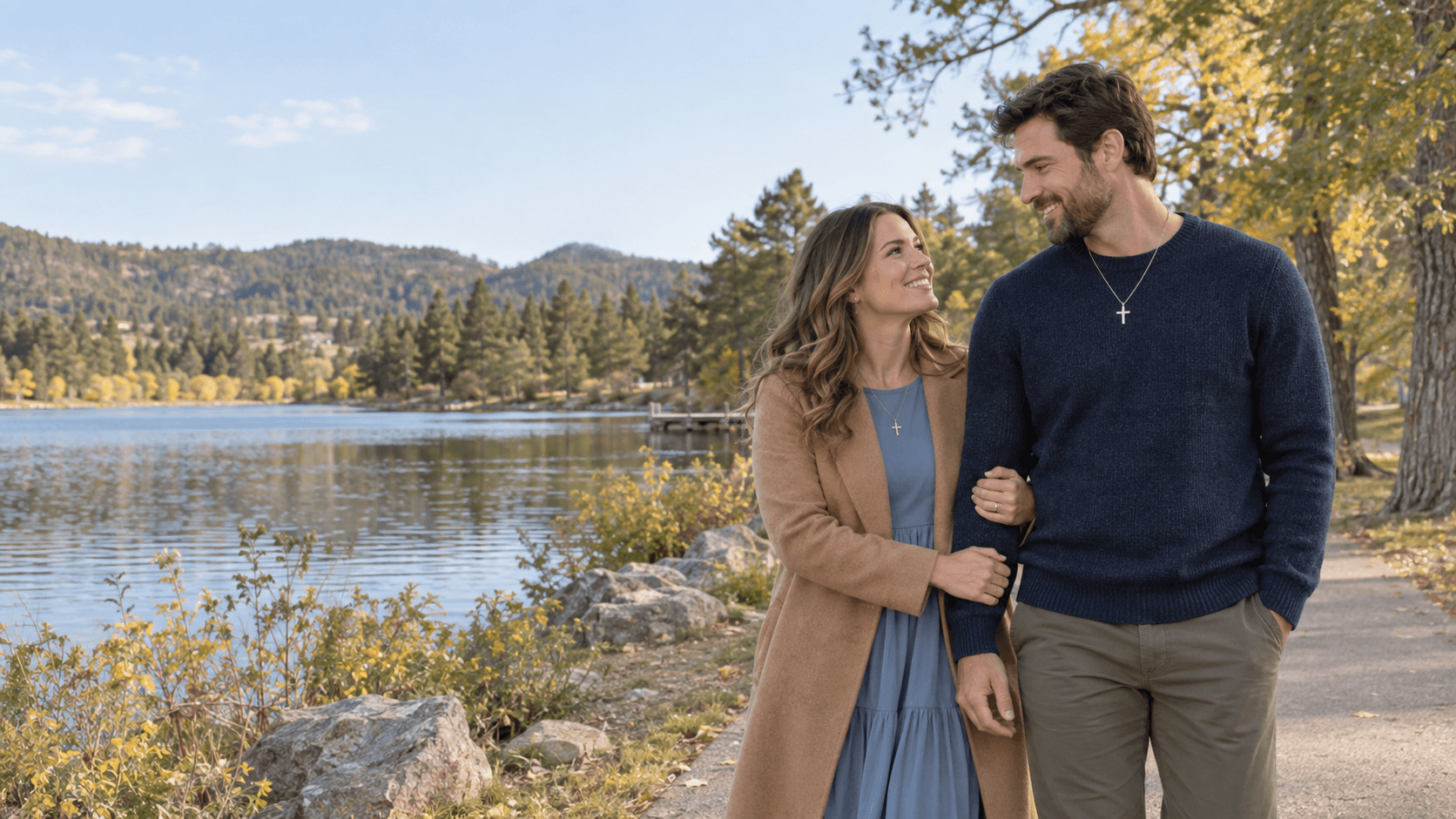 Couple with cross necklaces beside Canyon Lake in Rapid City, South Dakota.