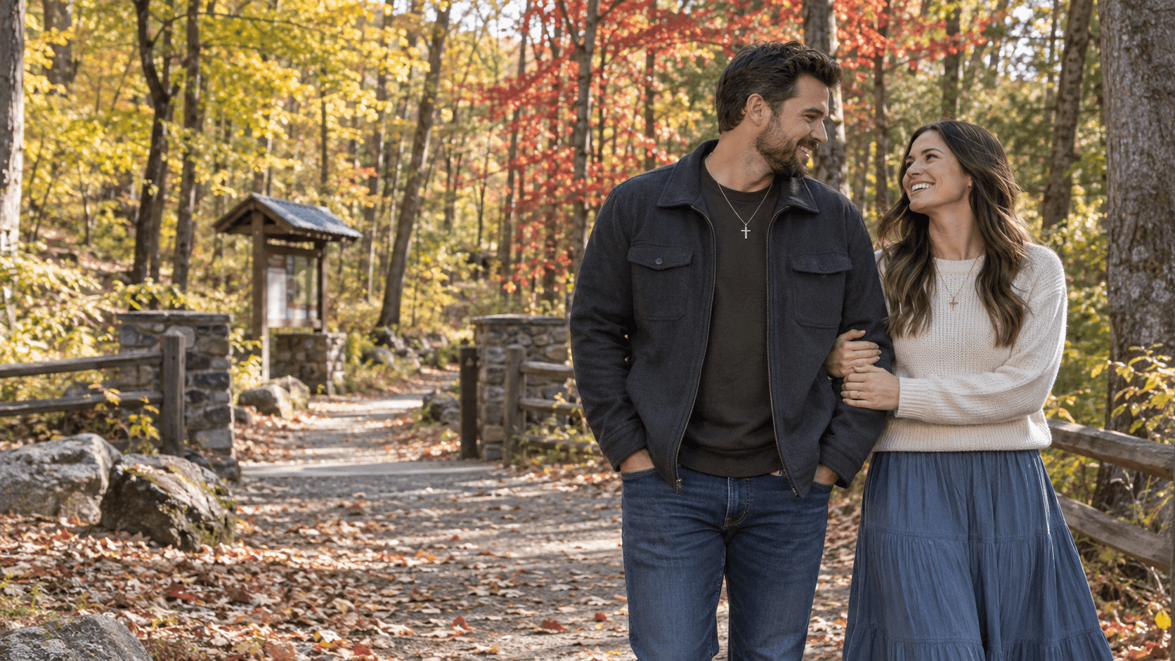 Couple with cross necklaces near the wooded public entrance area of Pine Hill Park in Rutland.