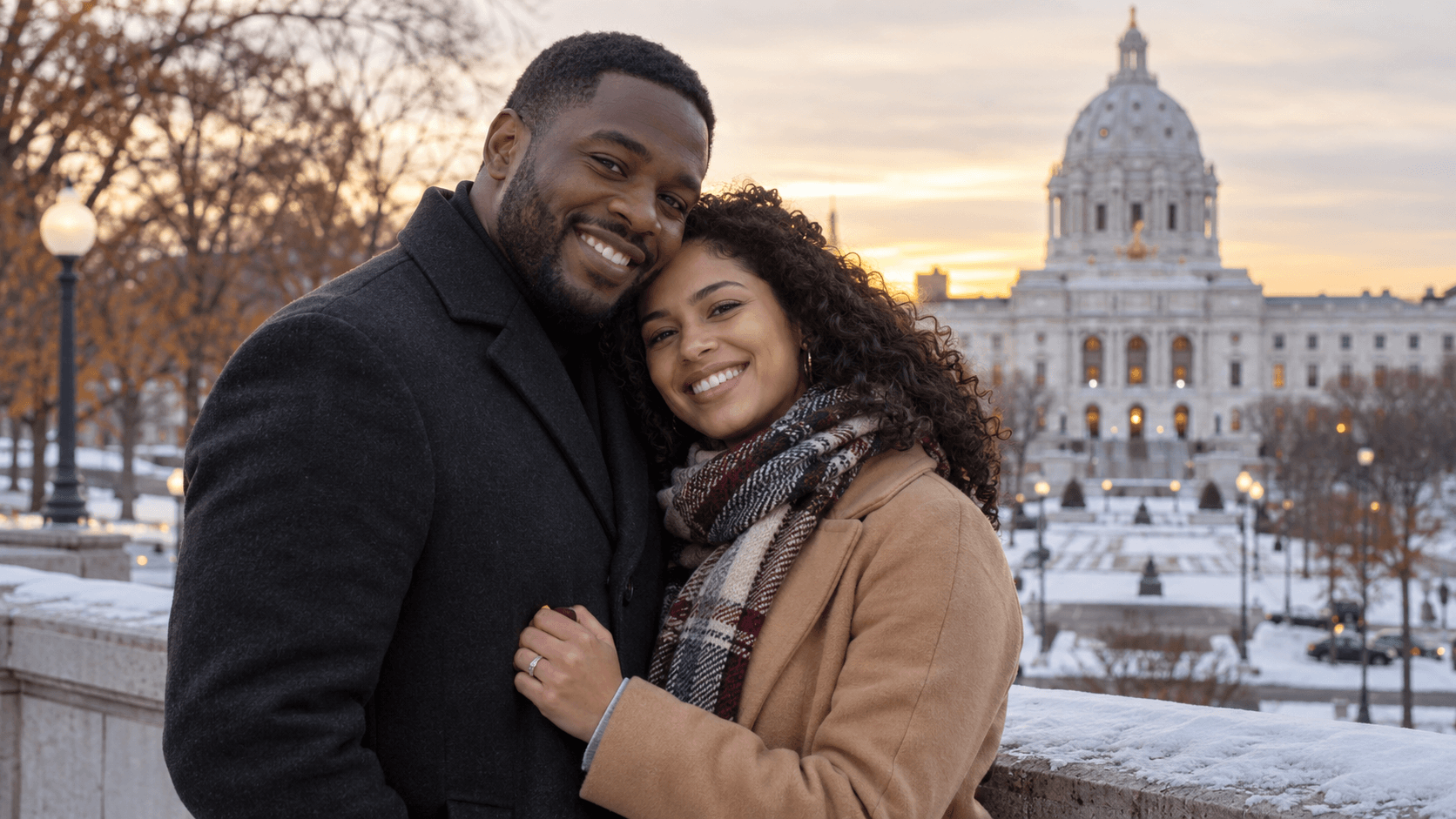Couple wearing cross necklaces in a Saint Paul-inspired historic neighborhood with a cathedral dome in the distance.