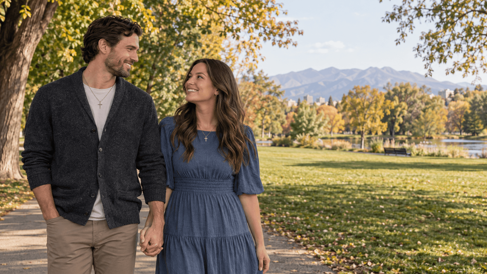 Christian couple on a leafy Liberty Park path in Salt Lake City.