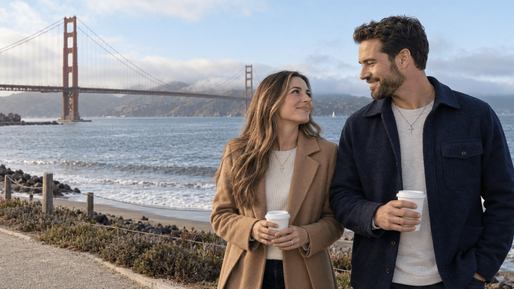 Couple wearing cross necklaces holding coffee by the bay with the Golden Gate Bridge behind them.