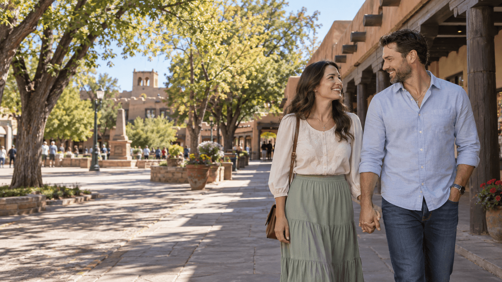 Couple wearing cross necklaces beside adobe buildings and a shaded public plaza in a Santa Fe-inspired scene.