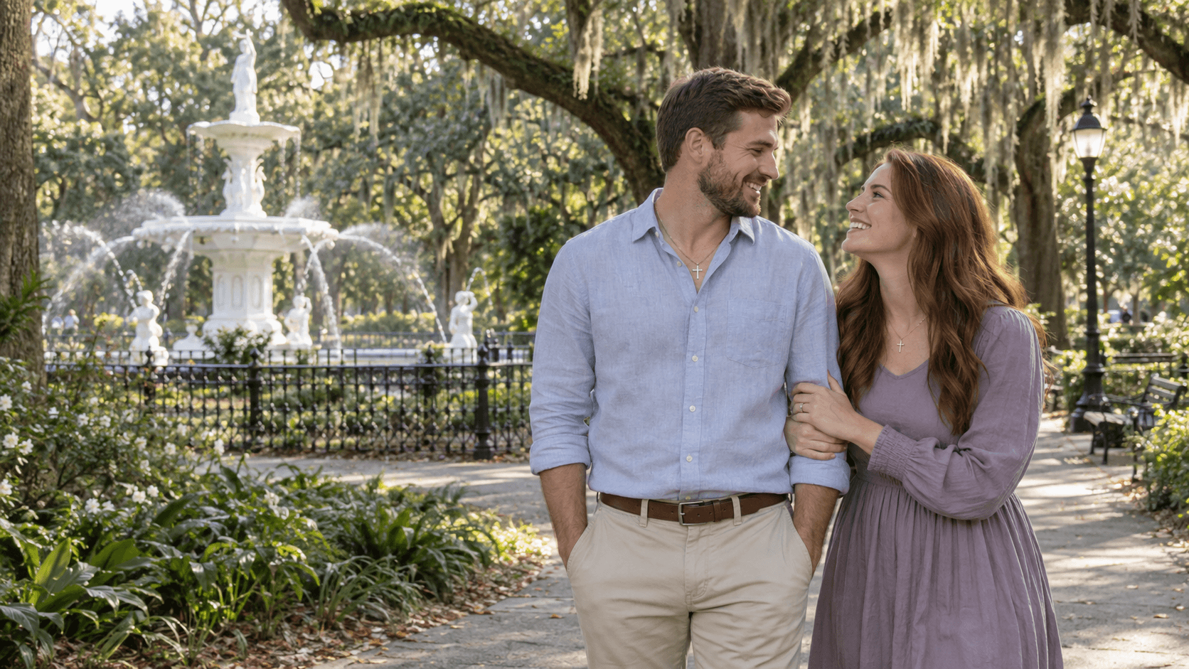 Couple wearing cross necklaces beneath live oaks near a Forsyth Park-inspired white fountain in Savannah.