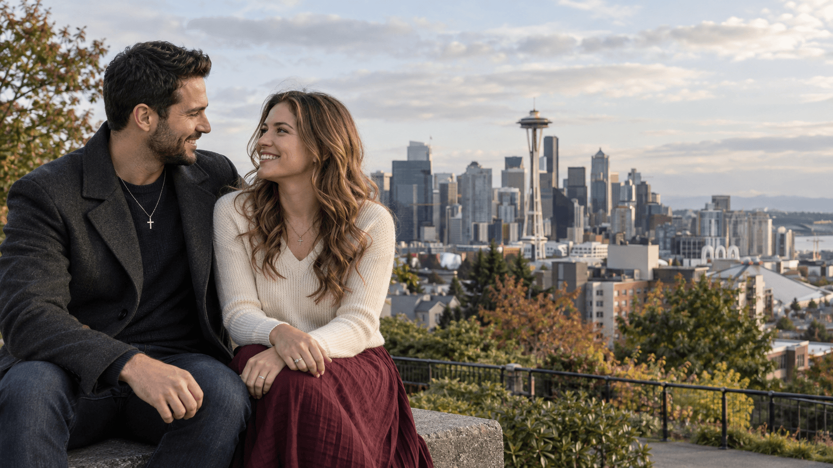 Christian couple at a Kerry Park-inspired viewpoint with the Seattle skyline behind them.