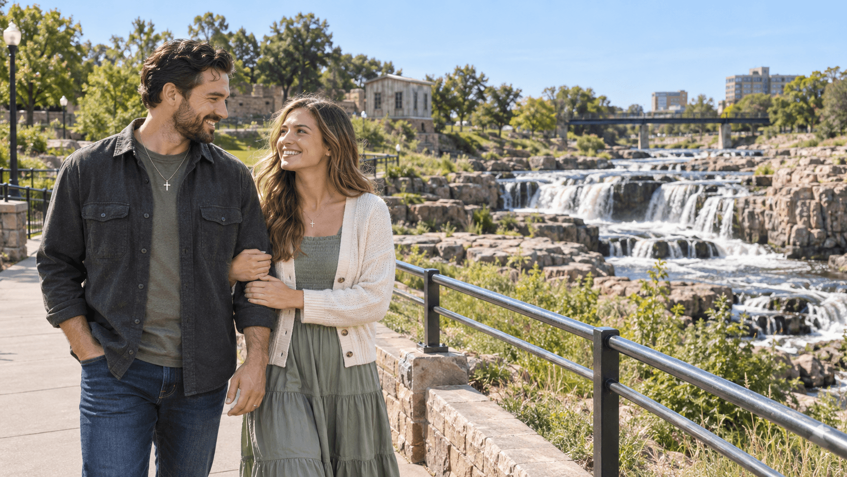 Christian couple on a public path overlooking the quartzite cascades at Falls Park in Sioux Falls.