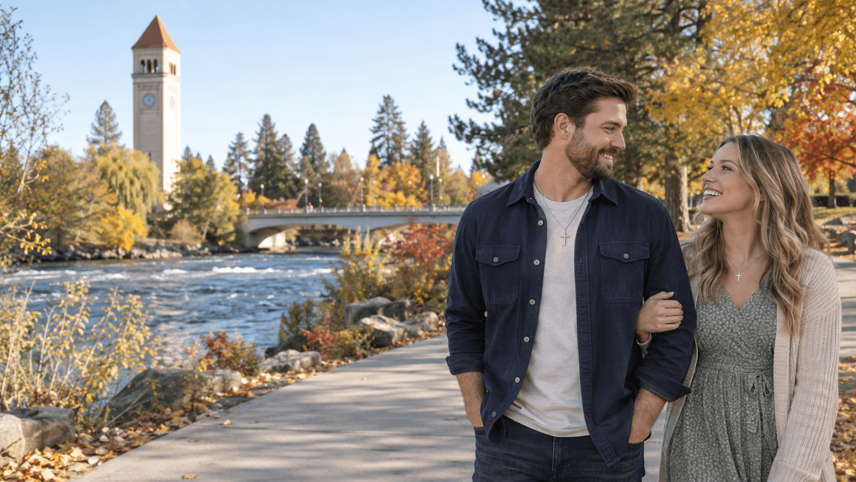Couple wearing cross necklaces on a Riverfront Park path beside the Spokane River.
