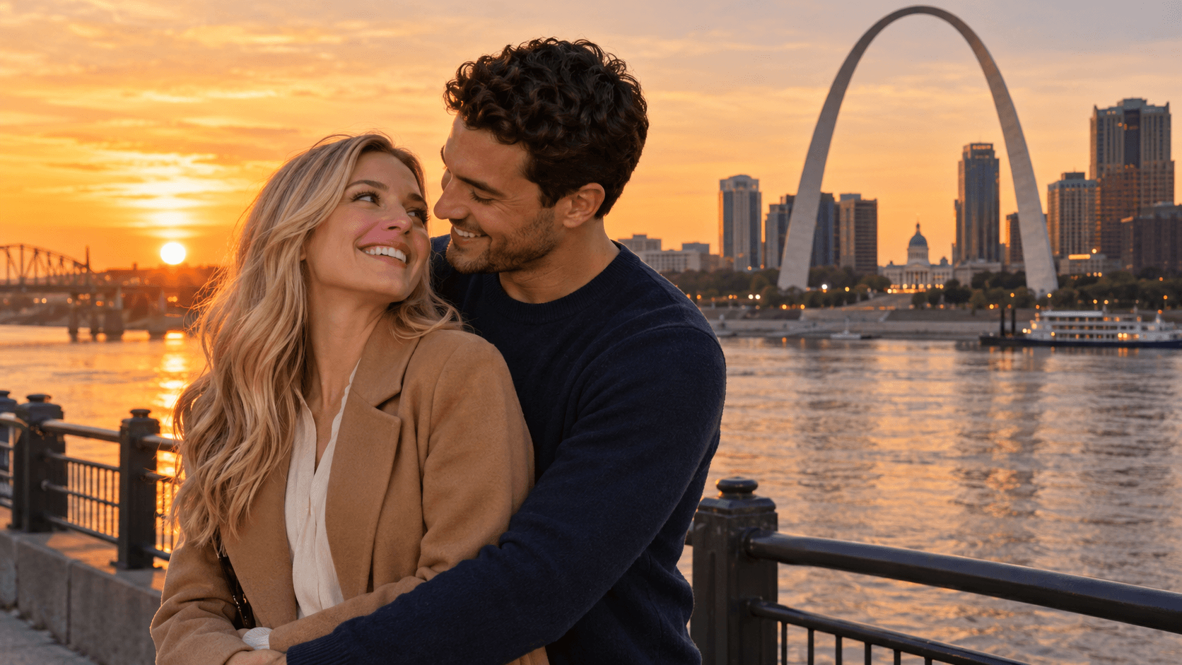 Couple wearing cross necklaces in a St. Louis-inspired riverfront scene with the Gateway Arch behind them.