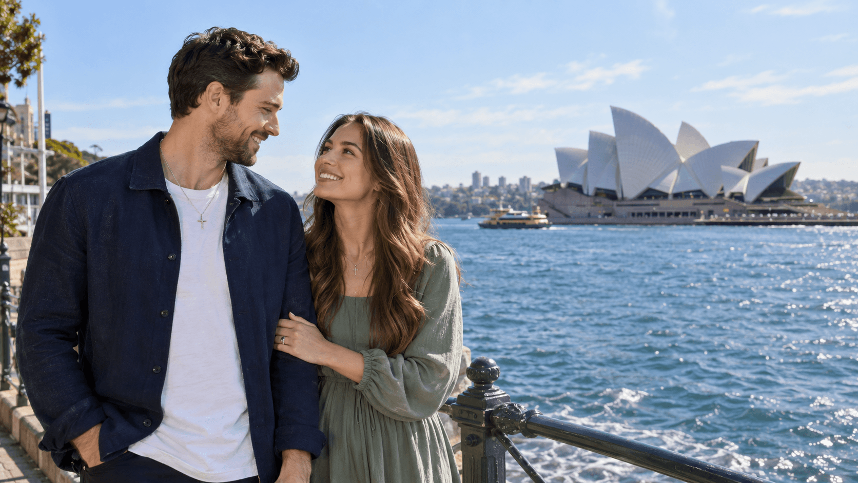 Couple wearing cross necklaces beside Sydney Harbour, with the Opera House in the background.