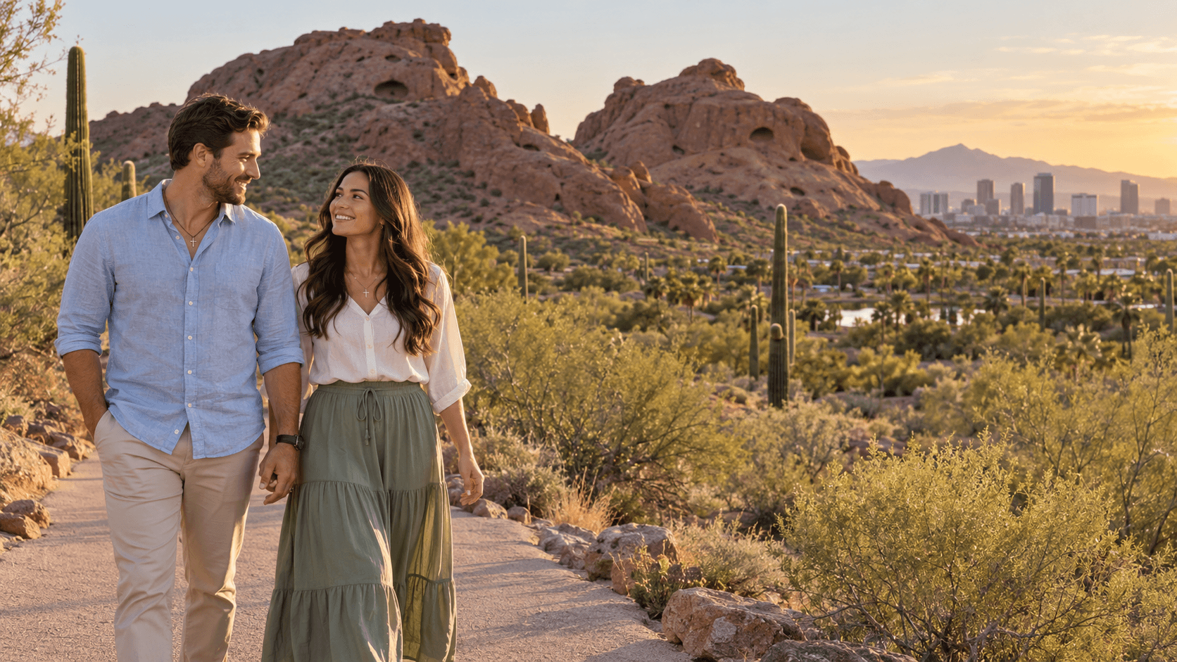 Couple wearing cross necklaces holding coffee beside colorful adobe buildings in a Tucson-inspired street scene.