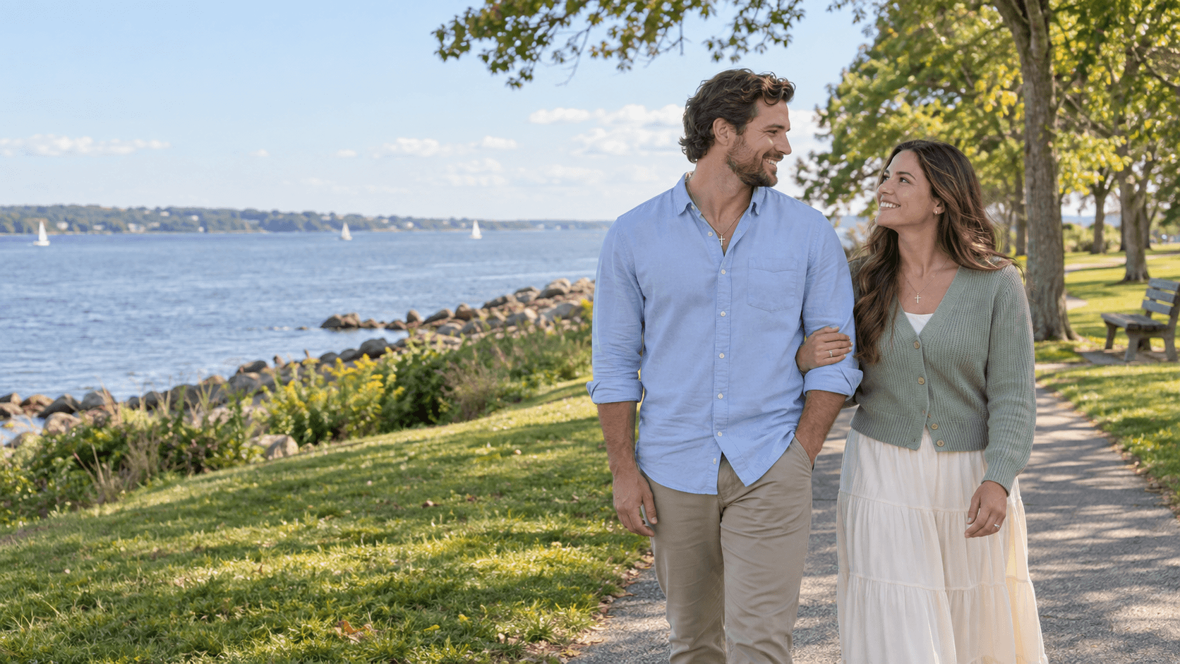 Couple with cross necklaces on a coastal path at Rocky Point in Warwick, Rhode Island.