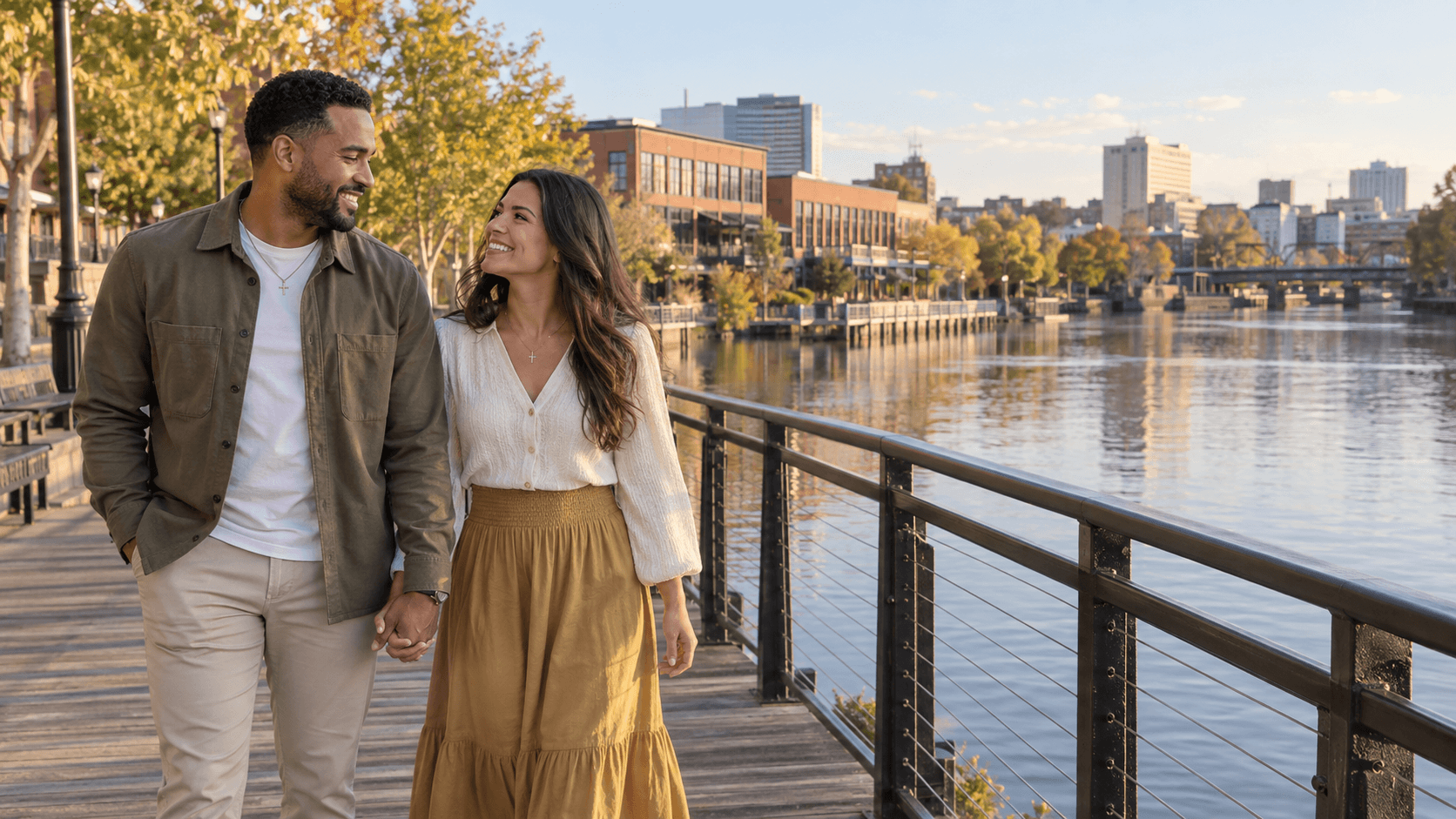 Couple wearing cross necklaces walking along a Christina River-inspired waterfront in Wilmington, Delaware.
