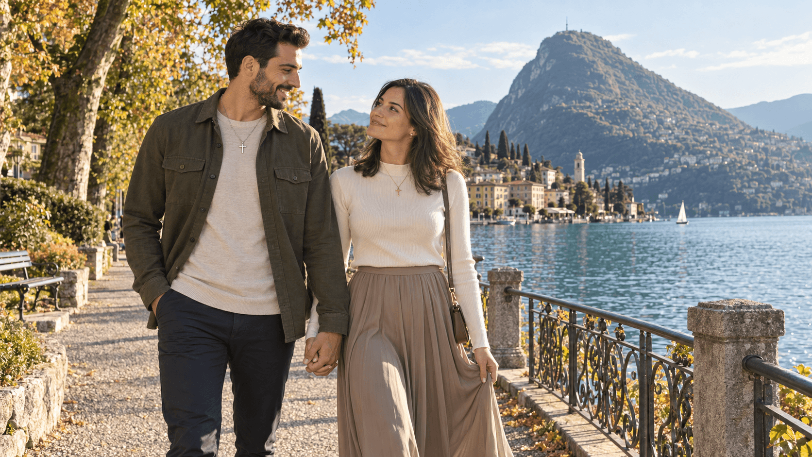 Coppia con collane a croce che passeggia sul lungolago di Lugano, con il Monte San Salvatore sullo sfondo.
