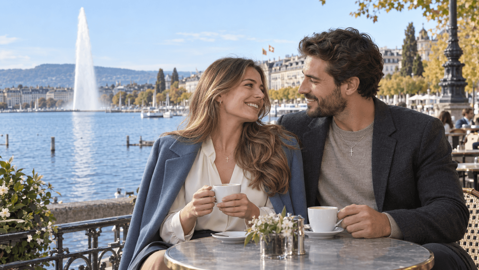 Couple portant des pendentifs en forme de croix dans un café au bord du Léman, avec le Jet d’Eau de Genève en arrière-plan.
